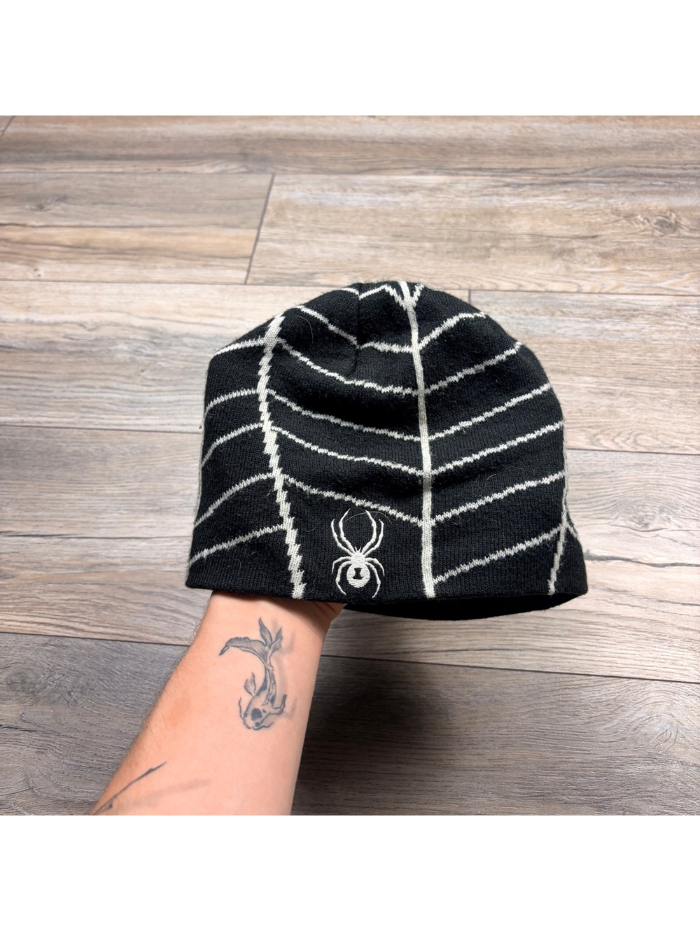 Spyder Black and White Knit Beanie with Spider Web Design